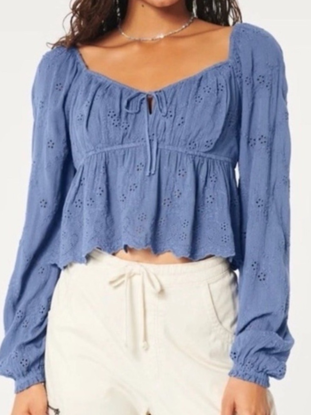 Hollister Women’s Babydoll Blue Eyelet Peplum Sleeve Cropped Top Size M